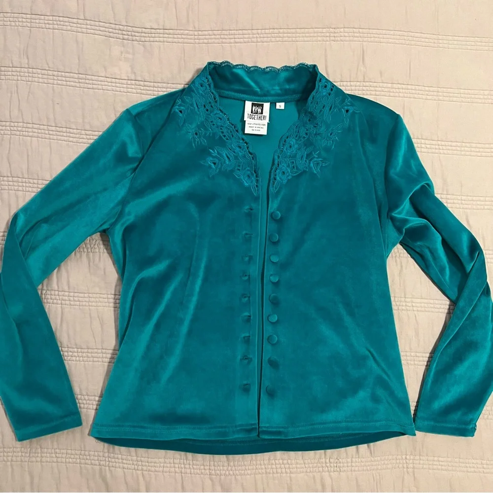 Together Teal Lace-Trimmed Button Top - Picture 3 of 6